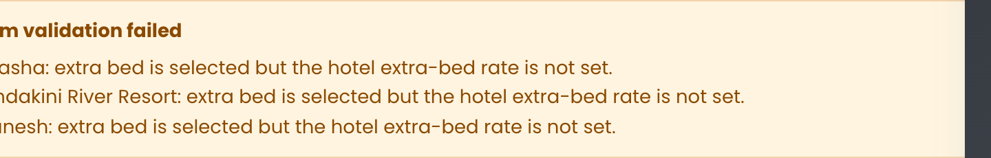 A validation panel listing three hotels whose extra-bed rate is not set, blocking the quotation