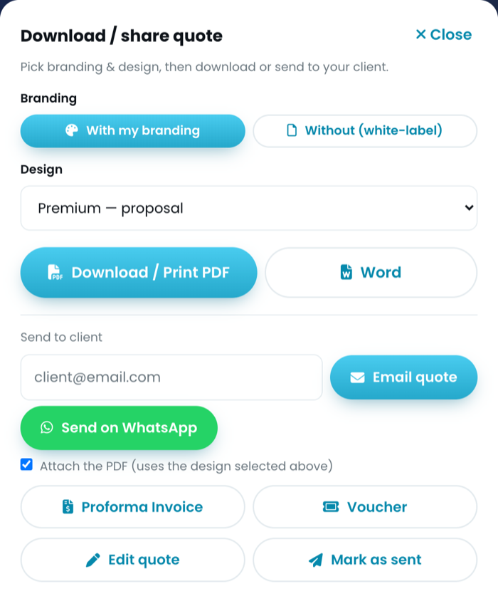 The download and share panel offering branded or white-label, six designs, PDF, Word, email and WhatsApp